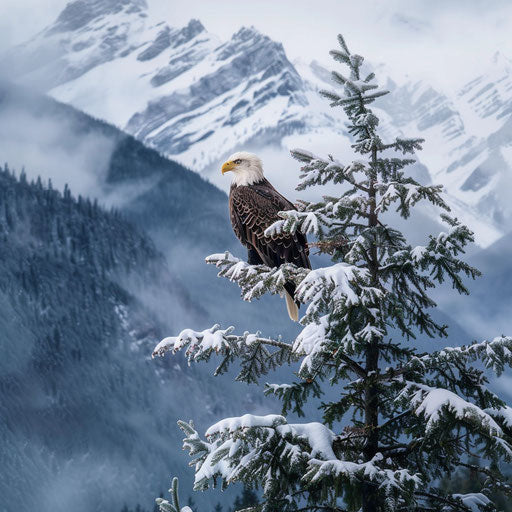 Bald eagle in snow-covered fir tree with misty mountains