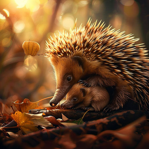 Echidna with offspring, warm and tender moment