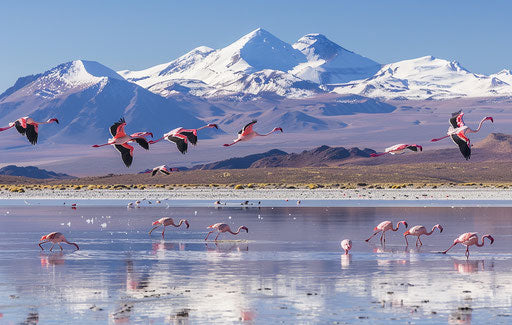 Pink flamingos flying over SRA lake in Uyuni