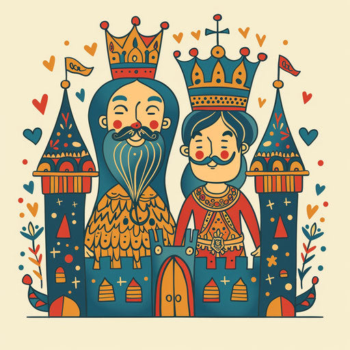 Whimsical sketch of a king and queen in a castle