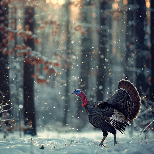 Wild turkey strutting in a snowy forest