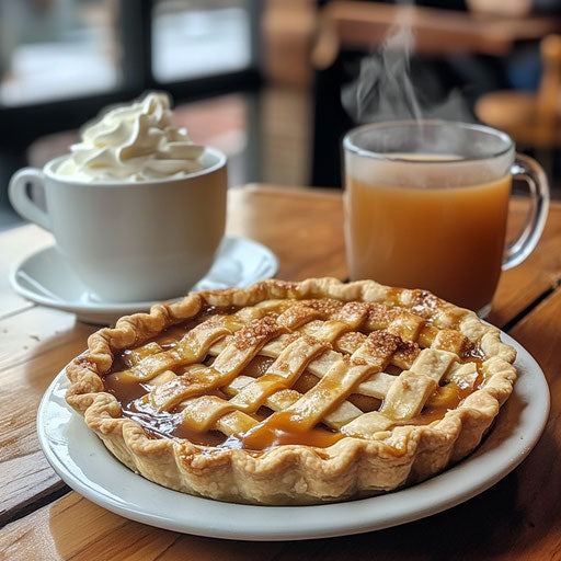 Apple pie with caramel sauce and hot cider
