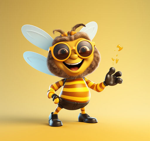 Cartoon bee with glasses waving, in solarization effect style