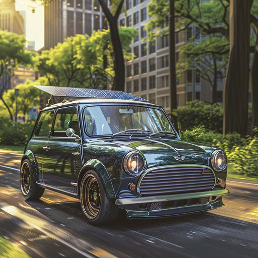 Modern electric Mini Cooper with solar panels, green city