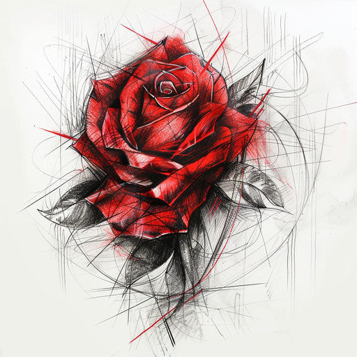 Eclectic tattoo sketch of a red rose with mixed media style and textured effects