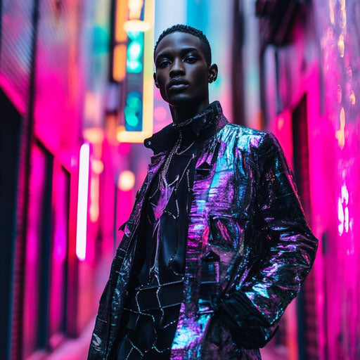 Confident male model in high-fashion futuristic couture in neon-lit urban alleyway