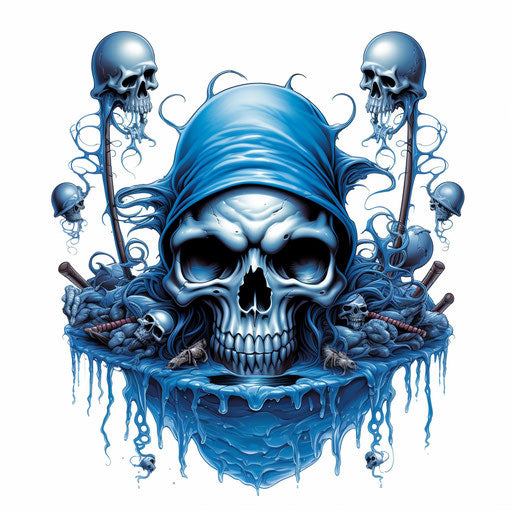 Blue skull with scythe and pool sticks tattoo