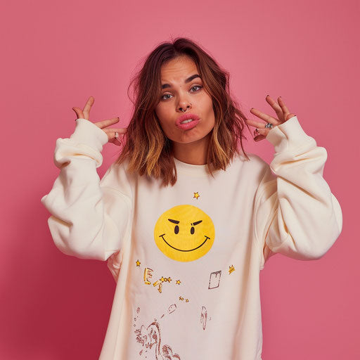 Beautiful woman in white sweatshirt on pink background, confused