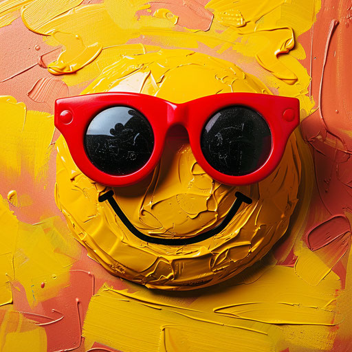 Smiley face with red sunglasses for Instagram stock photo, in the style of outlandish energy, Arthur Sarnoff, vacation dadcore
