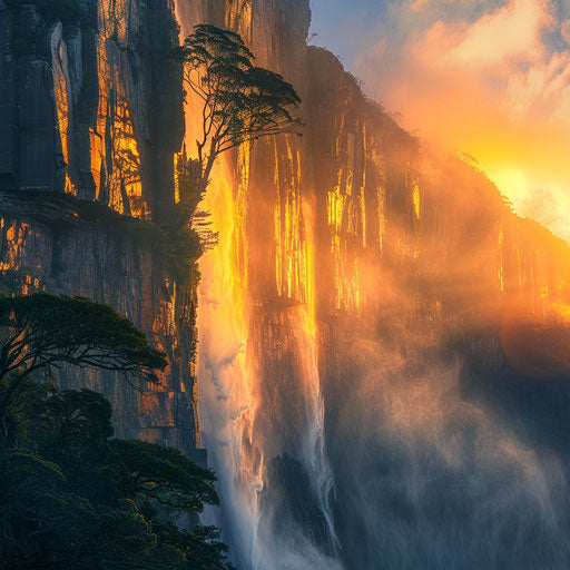 Angelic waterfalls with misty spray and sunset glow