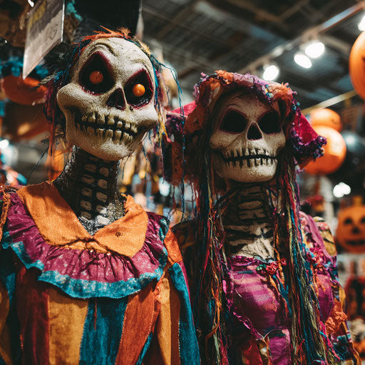 Two mannequins in vibrant, spooky Halloween costumes