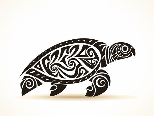 Tribal turtle on white background, Maori precisionist art
