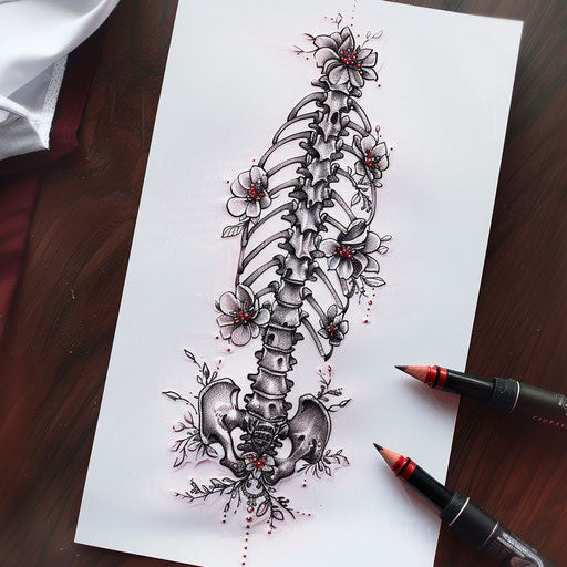 Vintage lace spine tattoo sketch, detailed in black ink with a touch of red on a white sheet
