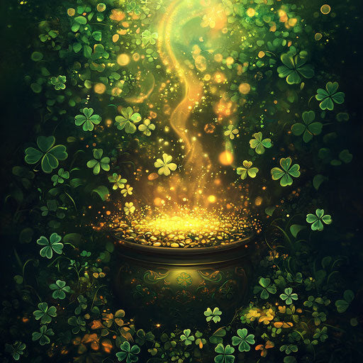 Shamrocks, rainbows, and pot of gold in Irish designs, Iranian patterns