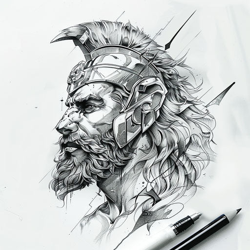 Minimalist tattoo sketch of Hercules with a lion's head helmet, in a sleek, modern clipart style