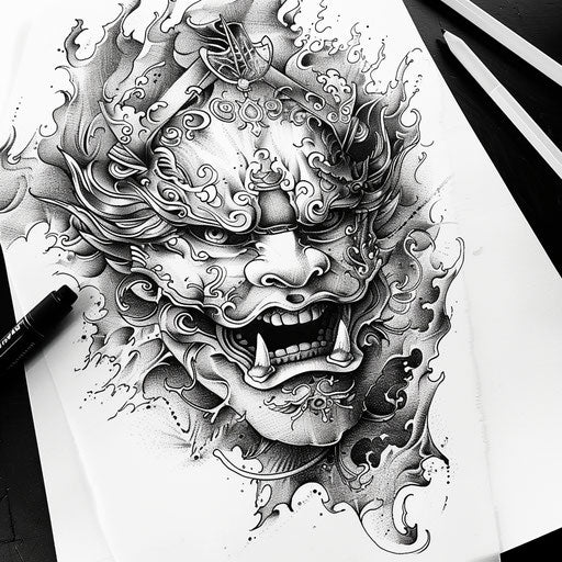 Gothic tattoo sketch of an oriental mask with dark themes