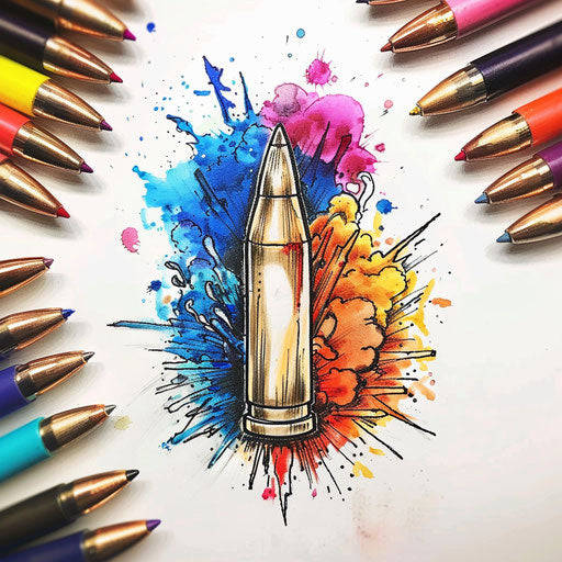 Vibrant flat tattoo sketch of a bullet with a colorful explosion background