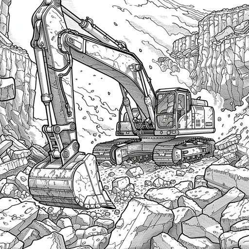 Excavator in full action, Mark Schultz style, coloring page