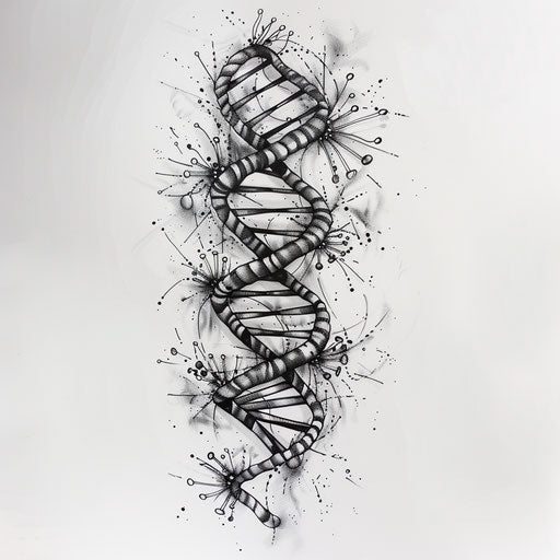 Elegant DNA tattoo sketch with fine black lines and subtle gray shading, clipart style
