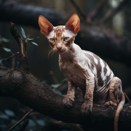 Cornish rex cat lying on a tree branch