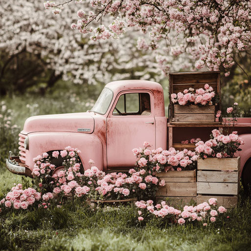 Vintage truck with pink roses in the trunk, backdrop for photoshoot