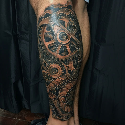 Leg tattoo with mechanical gears in the style of Guy Aitchison
