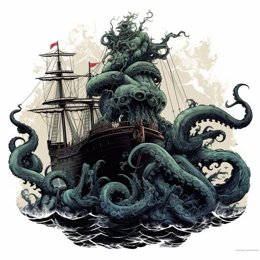 Detailed line work silhouette of large tentacle ship