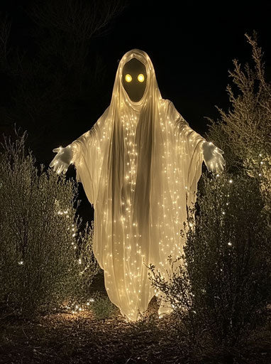 Halloween ghost costume with light-up eyes and hands in yard at night