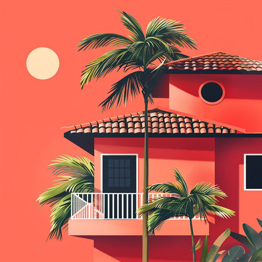 Realistic house clipart on flat, vibrant coral background