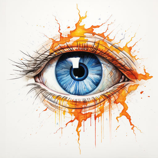 Eye with blue and orange lightning bolt on white