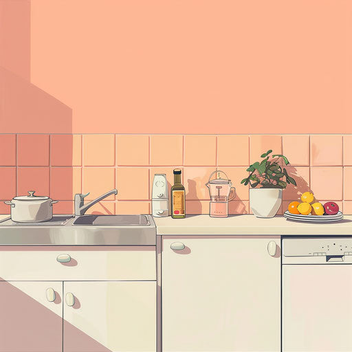 realistic style kitchen clipart on flat pastel peach background