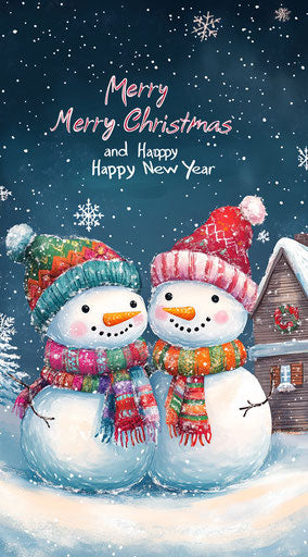 Merry Christmas and Happy New Year with two snowmen