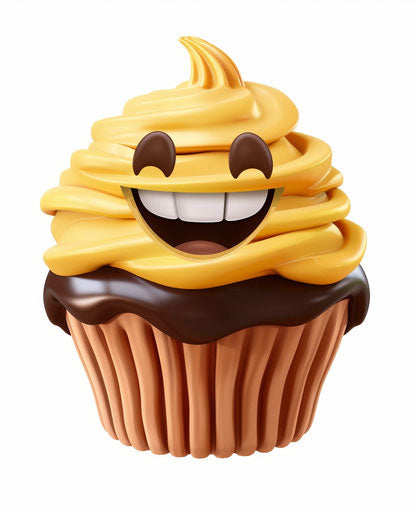 Yellow cupcake with brown frosting and big smile