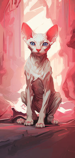 Sphynx cat on red carpet, disfigured forms style