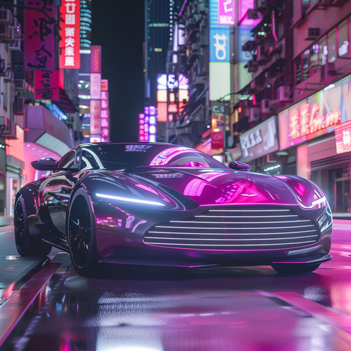 Futuristic Aston Martin DB6 concept car in neon-lit city at night