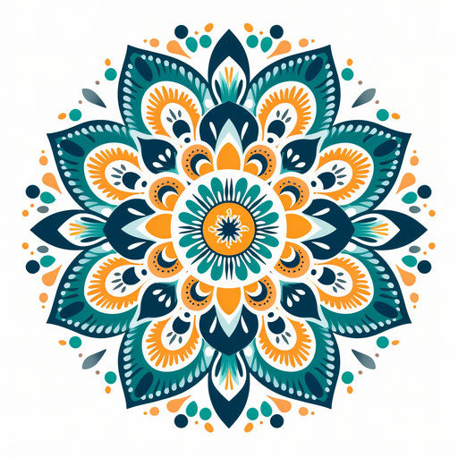 Elegant modern mandala pattern in turquoise, yellow, light pink and dark indigo on white background