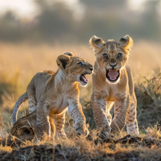 Lion cubs playing under watchful eyes of parents