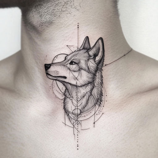 Minimalist geometric wolf neck tattoo sketch for men