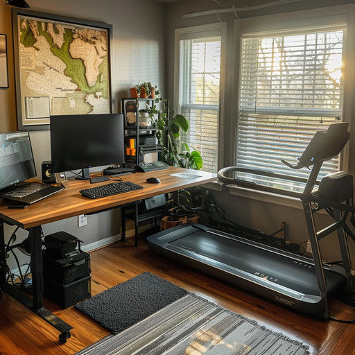 Home office with treadmill desk for virtual meetings