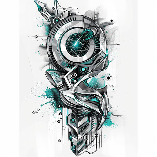 Futuristic tattoo design for 13 tattoos with metallic shades and cybernetic motifs