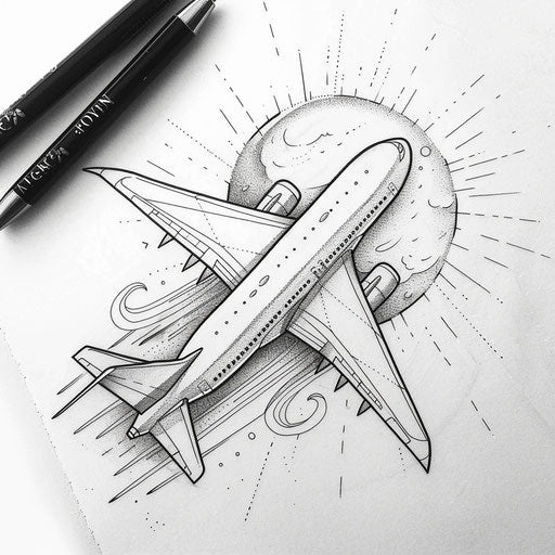 Elegant fine line tattoo sketch of a passenger airplane over the ocean