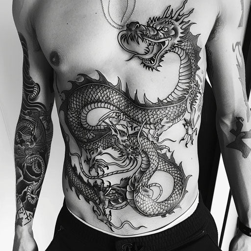 Men's stomach tattoos of a dragon, in the style of Guy Aitchison