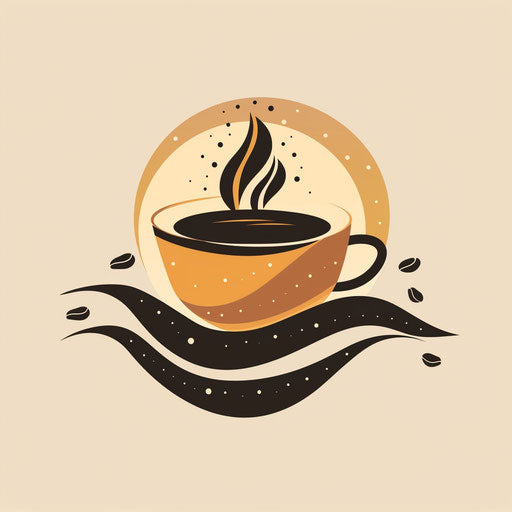 Coffee shop logo with a steaming cup surrounded by beans and waves