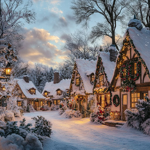 Snowy village with decorated cottages and snow-dusted rooftops.