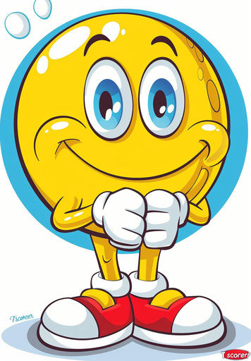 Yellow smiling face with blue eyes and red shoes