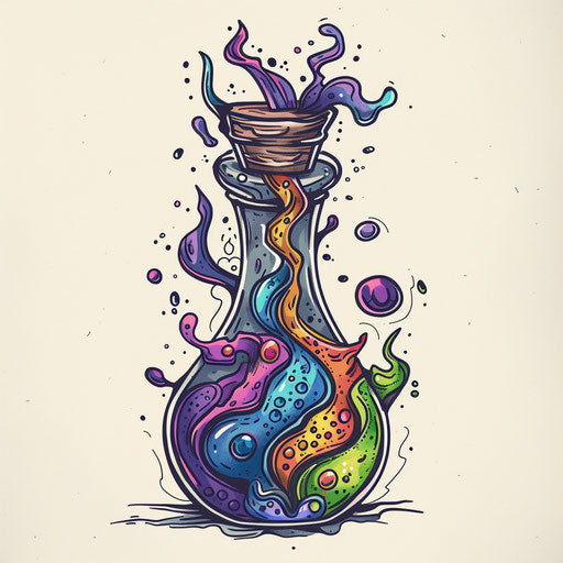 Dynamic flat tattoo sketch of a potion bottle with bubbling, colorful liquid