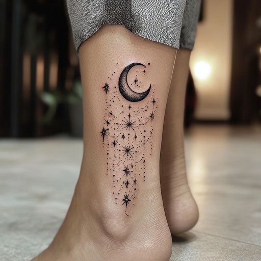 Woman ankle tattoos, crescent moon and stars