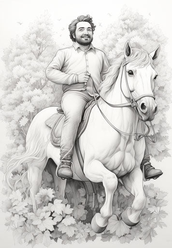 Coloring page of man on horse, Disney animation style