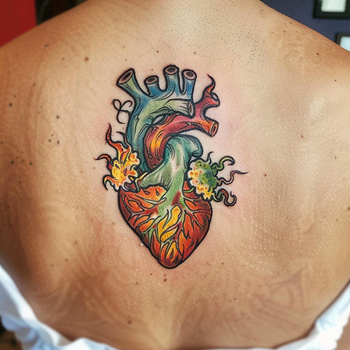 Anatomical heart tattoo with fire highlights on white