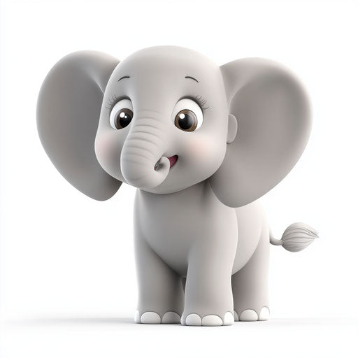 3D cartoon elephant in photo realistic style on flat white background